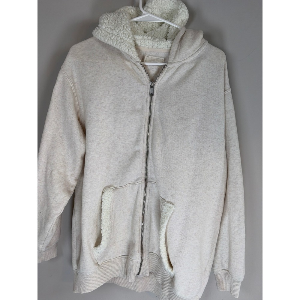 Aerie Womens M Oatmeal Heather Sherpa Lined Full Zip Hoodie Sweatshirt Cream